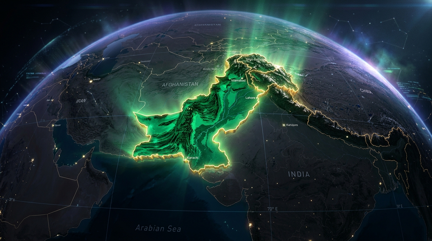 3D Relief Map of Pakistan in Glowing Emerald Green Rising from World Globe